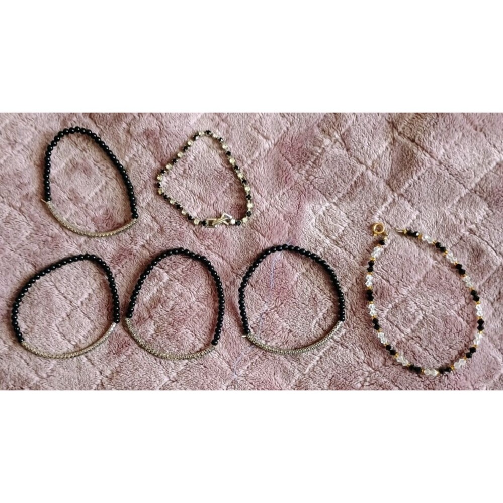 Lot Of 6 Black Gold Beaded Bracelet Lot Stretch Rhinestone Crystal Boho
